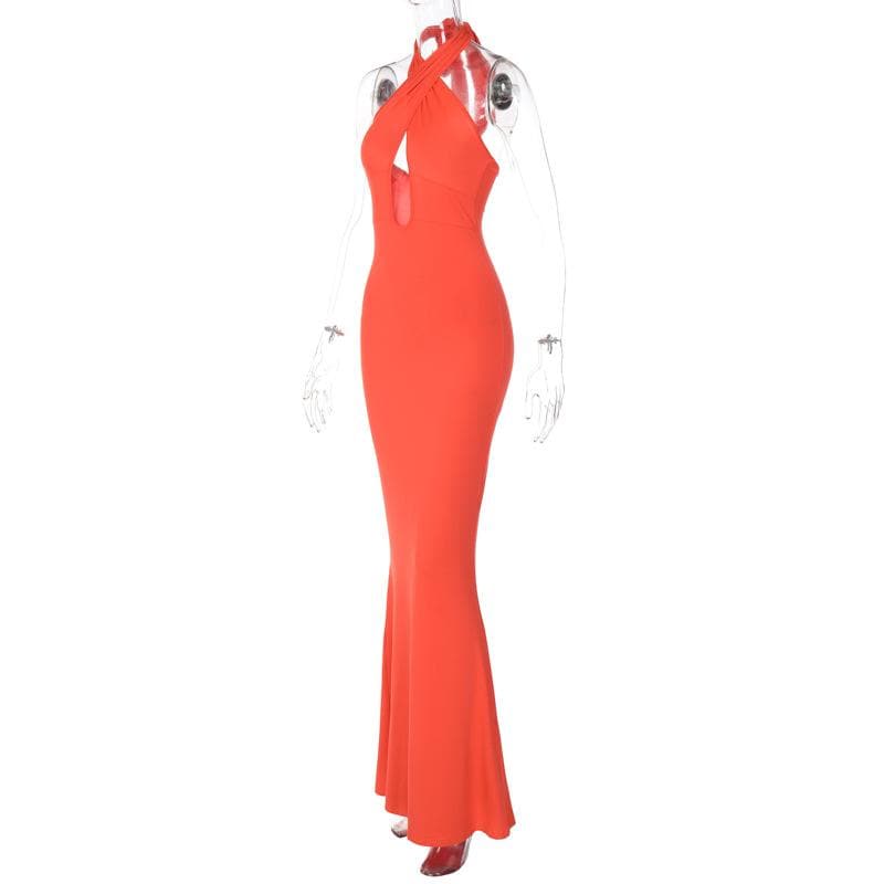 Cross Front Hollow Out Halter Backless Two-Way Maxi Dress