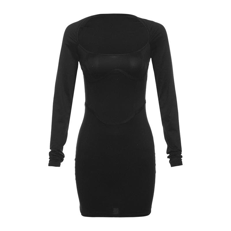 Square Neck Corset Seam Piped Long Sleeve Bodycon Mini Dress