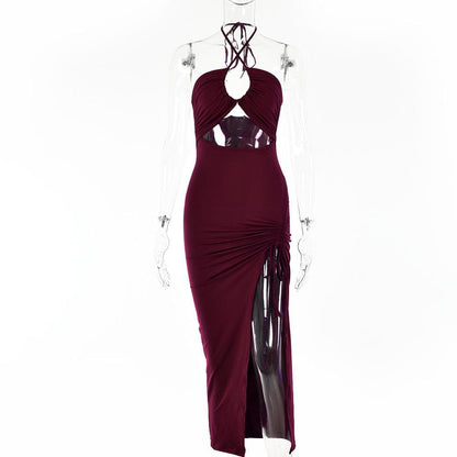 Halter Keyhole Midriff Cutout Drawstring Side Slit Maxi Dress