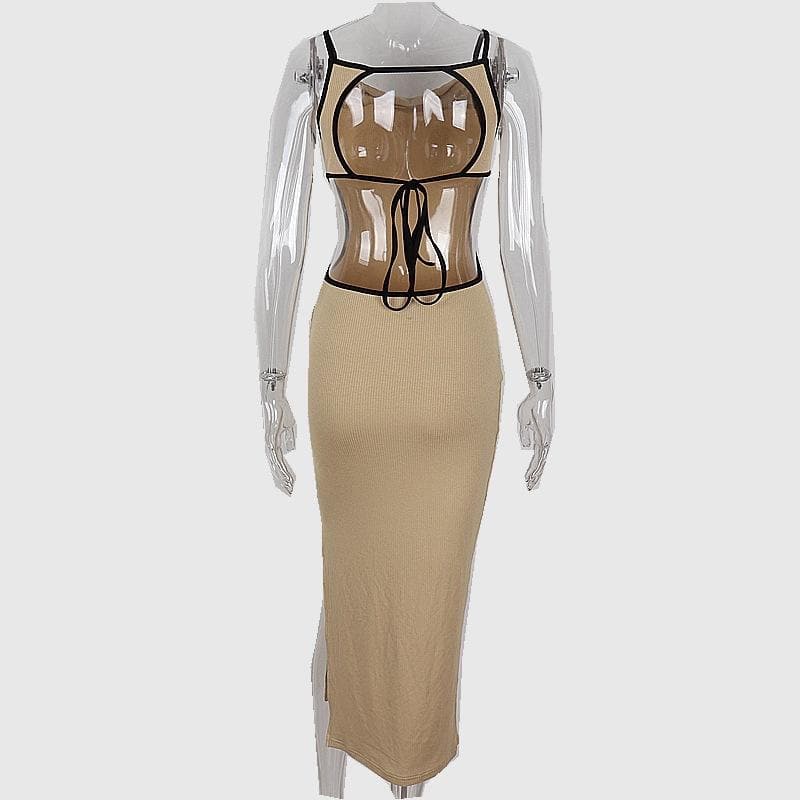 Ribbed Cutout Tie Back Crop Top Contrast Trim Maxi Skirt Set