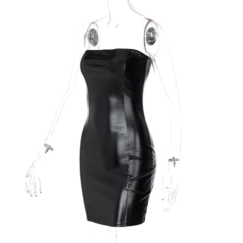Strapless Faux Leather Princess Seam Side Slit Mini Dress