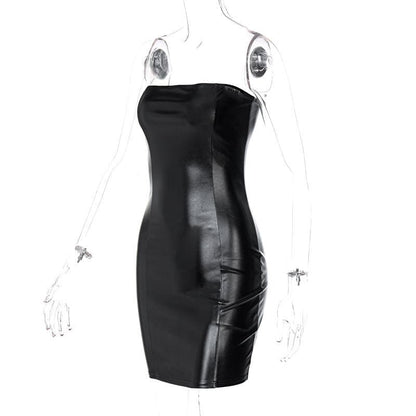 Strapless Faux Leather Princess Seam Side Slit Mini Dress