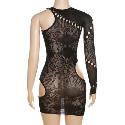 One Sleeve Irregular Cutout Floral Mesh Sheer Bodycon Mini Dress