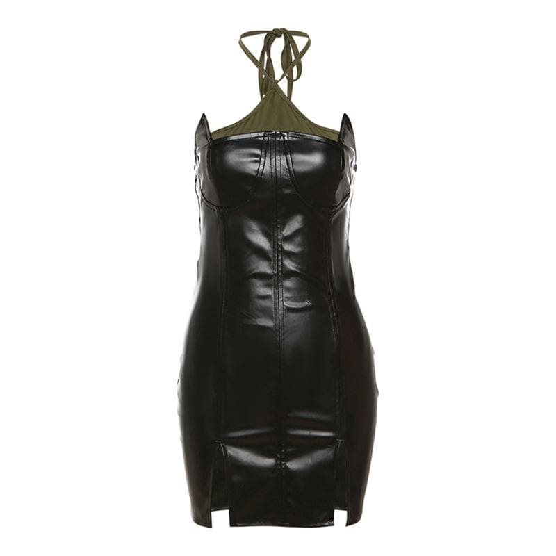 PU Leather Bustier Halter Layered Contrast Panel Dual Slit Mini Dress