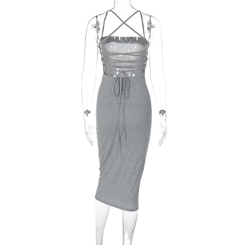 Square Neck Lace Up Criss Cross Tie Back Bodycon Maxi Dress