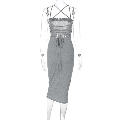 Square Neck Lace Up Criss Cross Tie Back Bodycon Maxi Dress