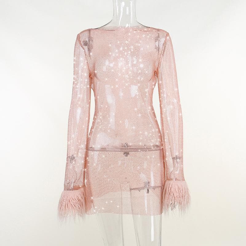 Sheer Mesh Feather Cuff Long Sleeve Round Neck Mini Dress