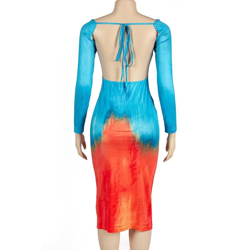 Boat Neck Long Sleeve Contrast Gradient Print Bodycon Midi Dress