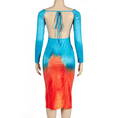 Boat Neck Long Sleeve Contrast Gradient Print Bodycon Midi Dress