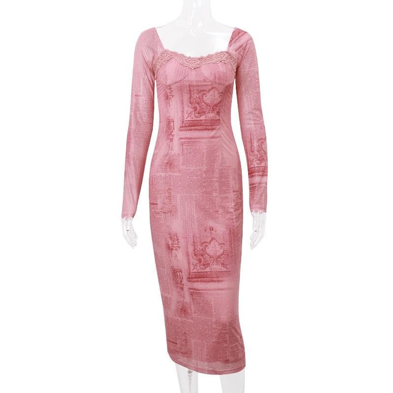 Newspaper Print Square Neck Lace Trim Bodycon Midi Dress