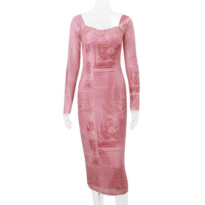 Newspaper Print Square Neck Lace Trim Bodycon Midi Dress