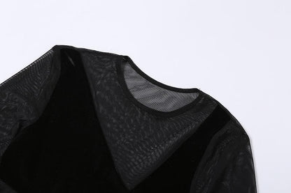 Mesh Velvet Diagonal Panel Low Cut Long Sleeve Mini Dress