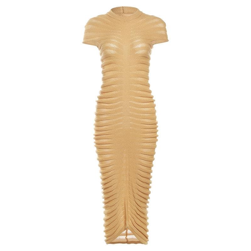 Horizontal Rib Tiered Bandage Mock Neck Cap Sleeve Midi Dress