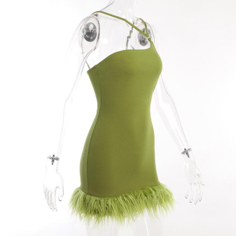 Asymmetric Neck Spaghetti Strap Feather Trim Bodycon Mini Dress