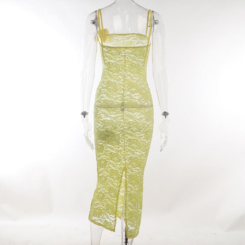 Floral Lace Rosette Applique Spaghetti Strap Bodycon Midi Dress