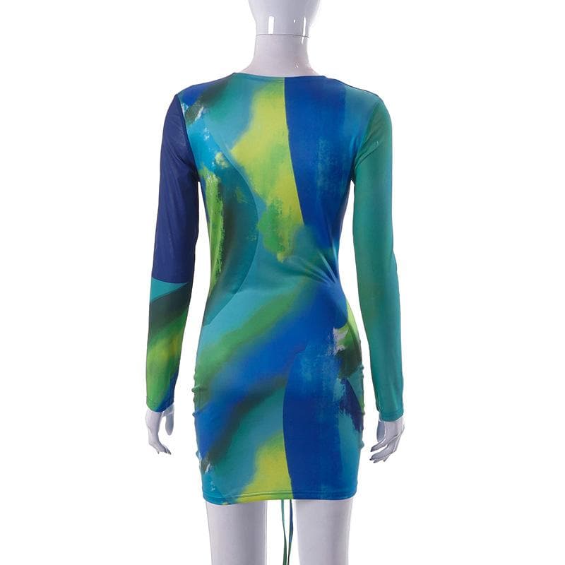 Deep V Neck Front Ruching Drawstring Tie Abstract Print Mini Dress