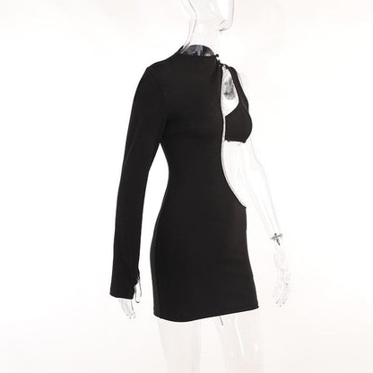 Mock Neck Rhinestone Trim S-Curve Cutout One-Sleeve Bodycon Mini Dress