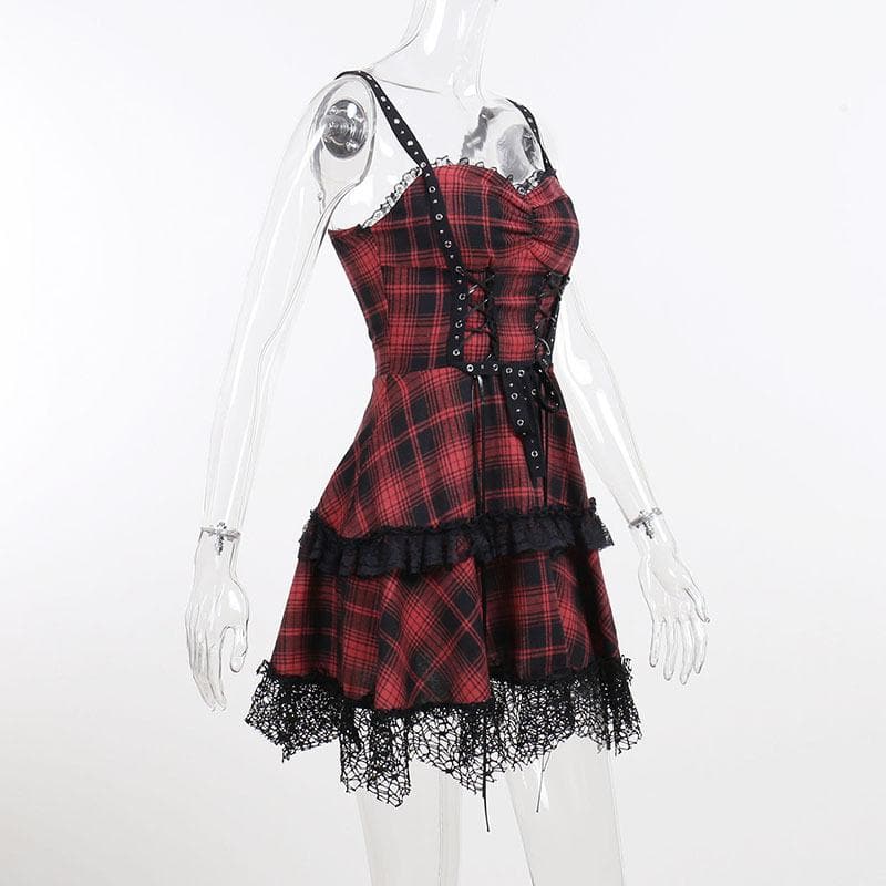 Plaid Corset Lace Up Grommet Tiered Lace Hem Mini Dress