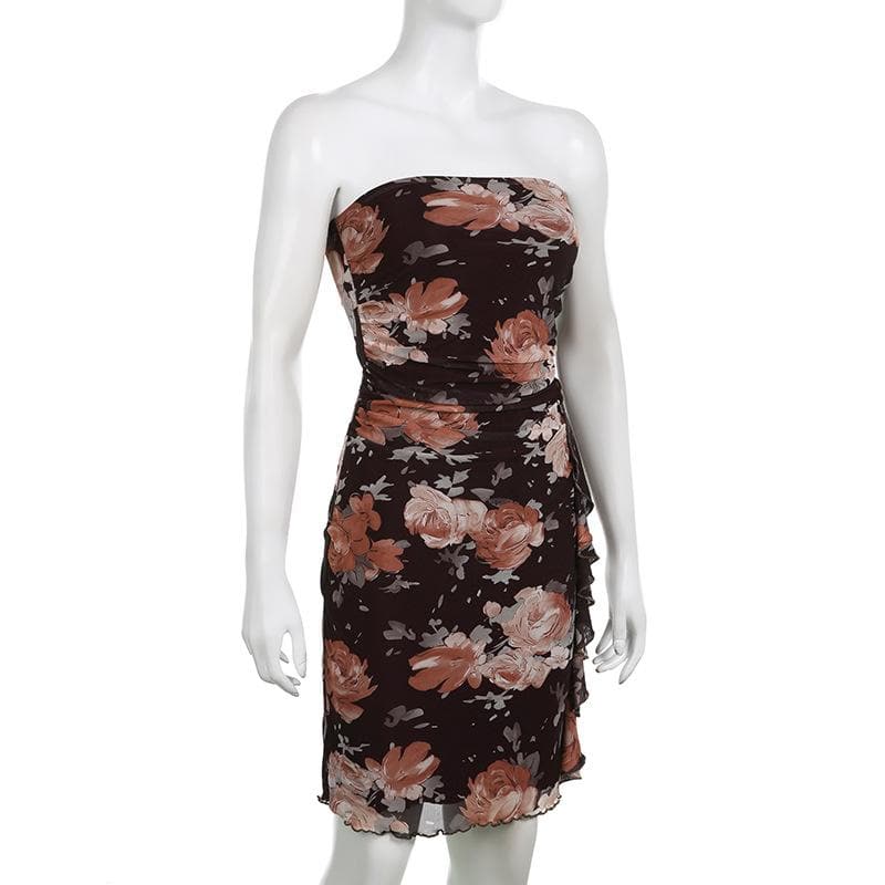 Strapless Floral Print Ruched Mesh Cascade Ruffle Mini Dress