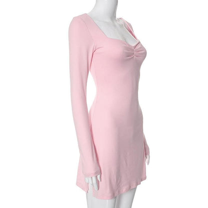 Square Neck Ruched Bust Long Sleeve Bodycon Mini Dress