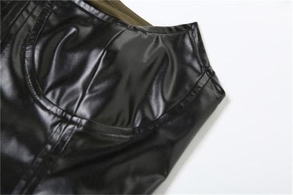 PU Leather Bustier Halter Layered Contrast Panel Dual Slit Mini Dress