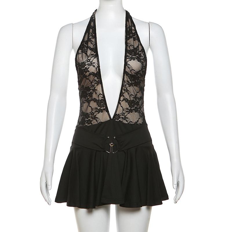 Deep V Halter Lace Bodice Metal Buckle Belt Pleated Mini Dress
