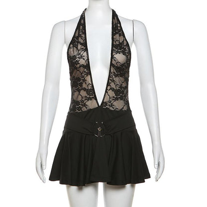 Deep V Halter Lace Bodice Metal Buckle Belt Pleated Mini Dress