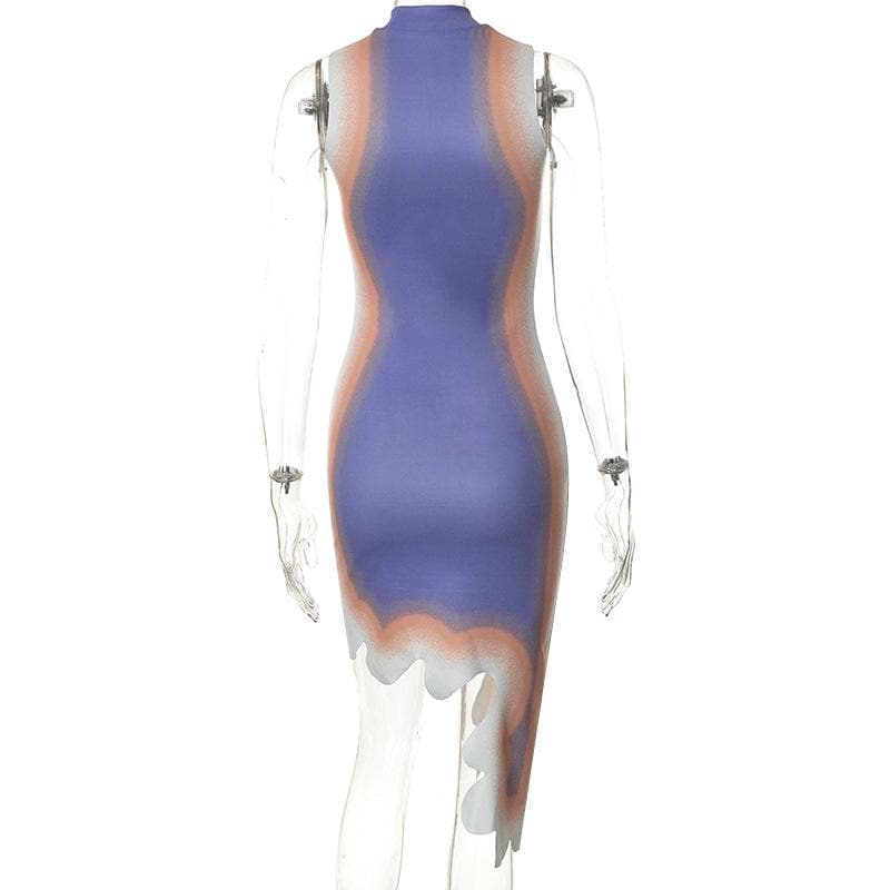 Thermal Print Mock Neck Sleeveless Irregular Hem Bodycon Mini Dress
