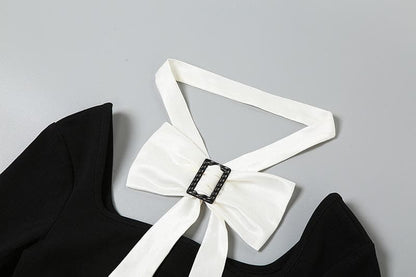 Square Neck Long Sleeve Buckle Bow Contrast Panel Mini Dress