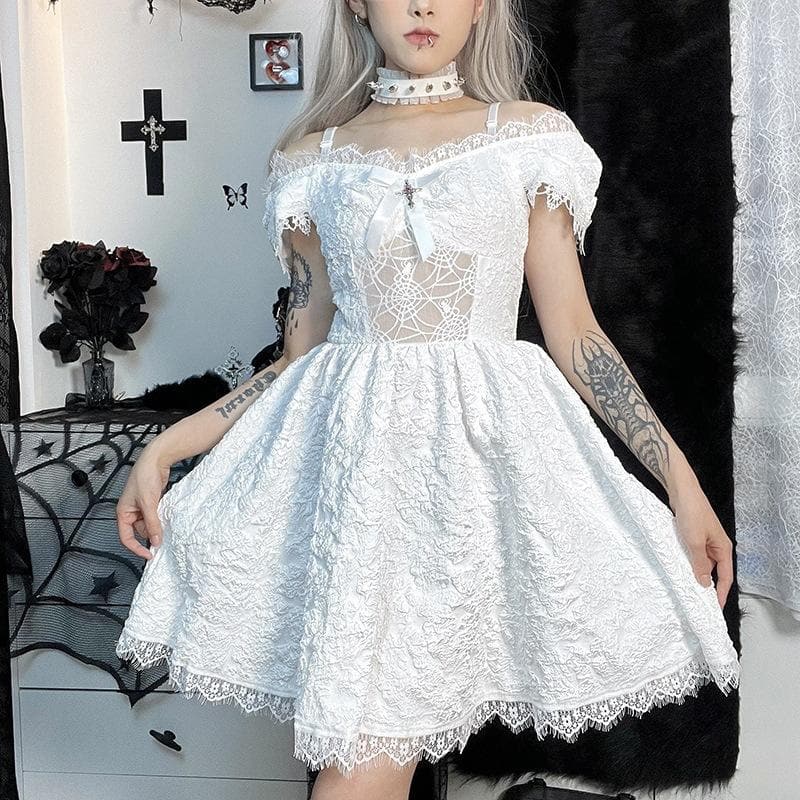 Hollow Out Off Shoulder Short Sleeve Crucifix Applique Bowknot Lace Hem Mini Dress