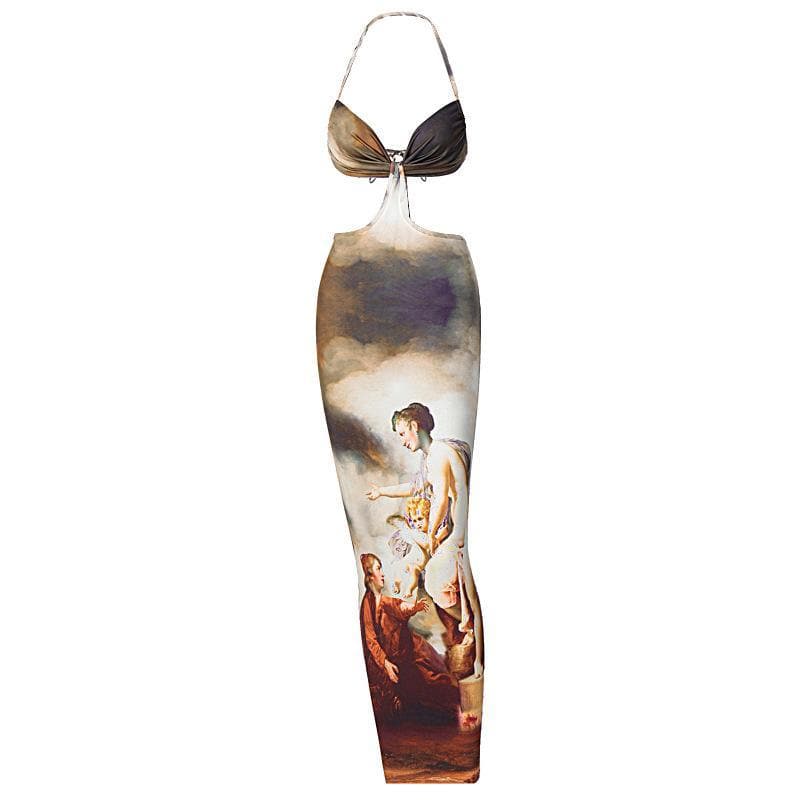 Renaissance Print Halter Waist Cutout Bodycon Midi Dress