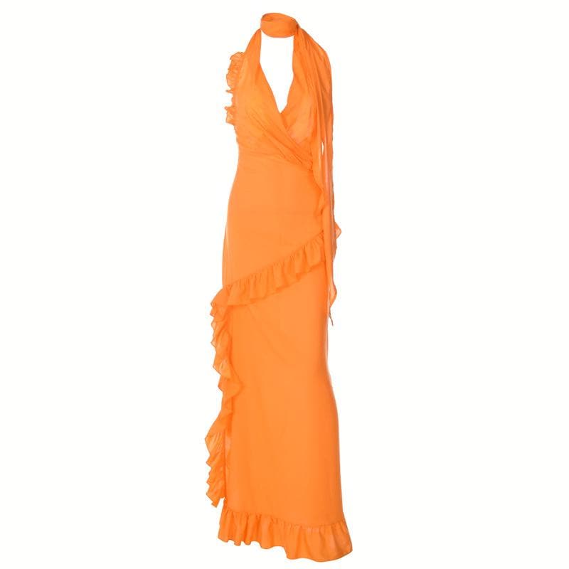 Halter Scarf Neck Surplice Ruffle Trim Maxi Gown