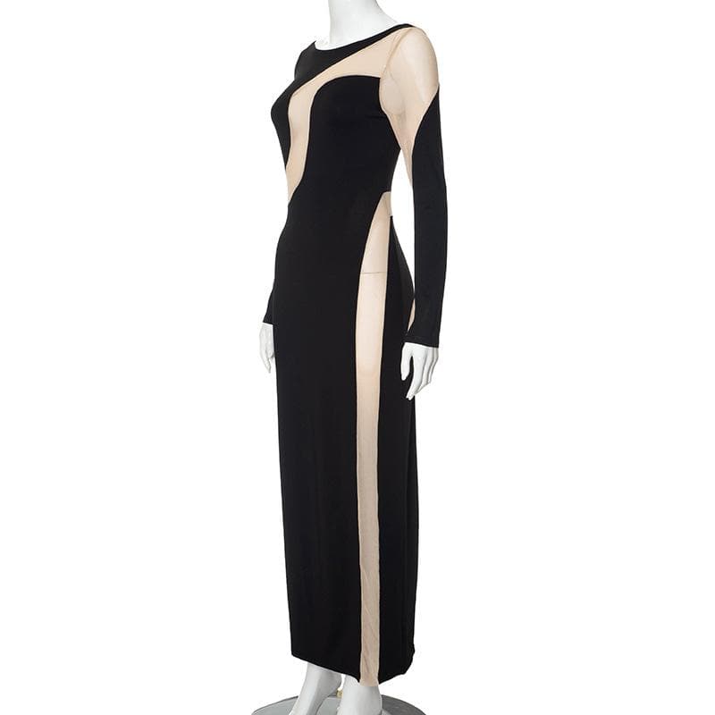 Boat Neck Long Sleeve Abstract Swirl Contrast Panel Bodycon Maxi Dress