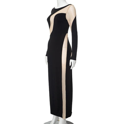 Boat Neck Long Sleeve Abstract Swirl Contrast Panel Bodycon Maxi Dress