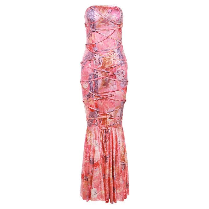 Strapless Floral Print Lace-Up Back Maxi Dress