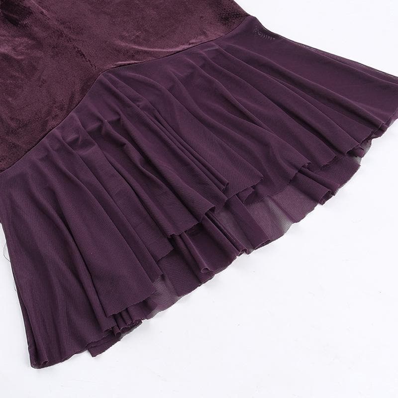 Velvet Hook And Eye Corset Ruffle Hem Long Sleeve Midi Dress