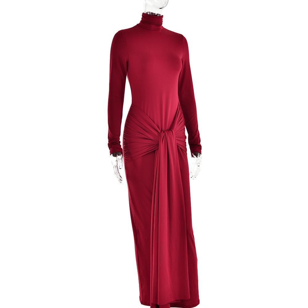 Mock Neck Ruched Self-Tie Drape Panel Bodycon Maxi Dress