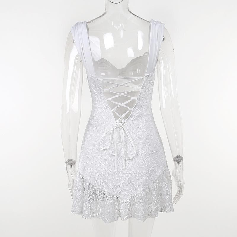 Tie Shoulder Lace Bodice Cutout Lace-Up Medallion Lace Mini Dress
