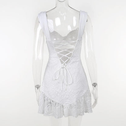 Tie Shoulder Lace Bodice Cutout Lace-Up Medallion Lace Mini Dress