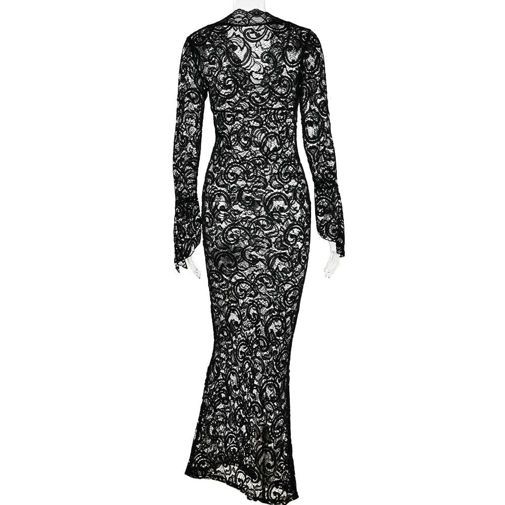 Lace V Neck Long Sleeve Sheer Flared Leg Jumpsuit