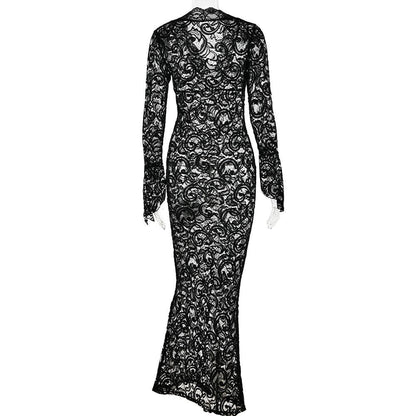 Lace V Neck Long Sleeve Sheer Flared Leg Jumpsuit