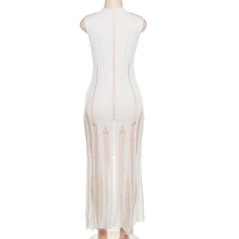 Sleeveless Mock Neck Ribbed Knit Distressed Ladder Hem Maxi Dress
