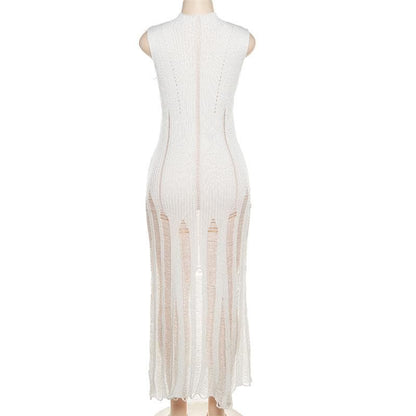 Sleeveless Mock Neck Ribbed Knit Distressed Ladder Hem Maxi Dress