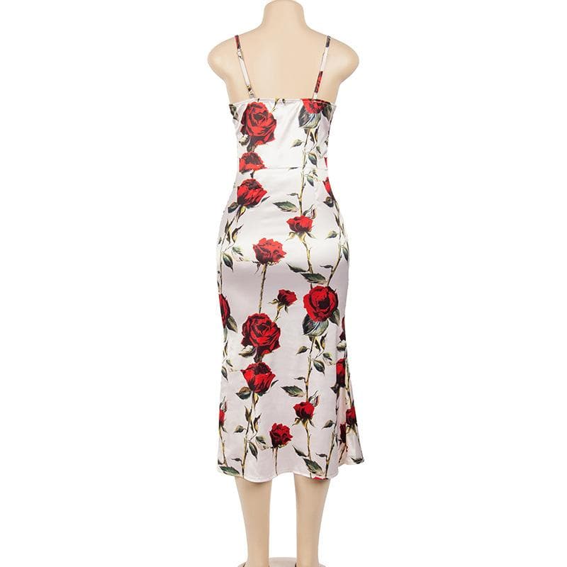 Floral Print Cowl Neck Spaghetti Strap Satin Midi Dress