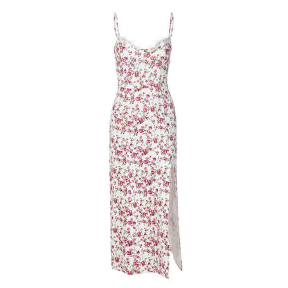 Sweetheart Neck Lace Trim Floral Print Side Slit Bodycon Midi Dress