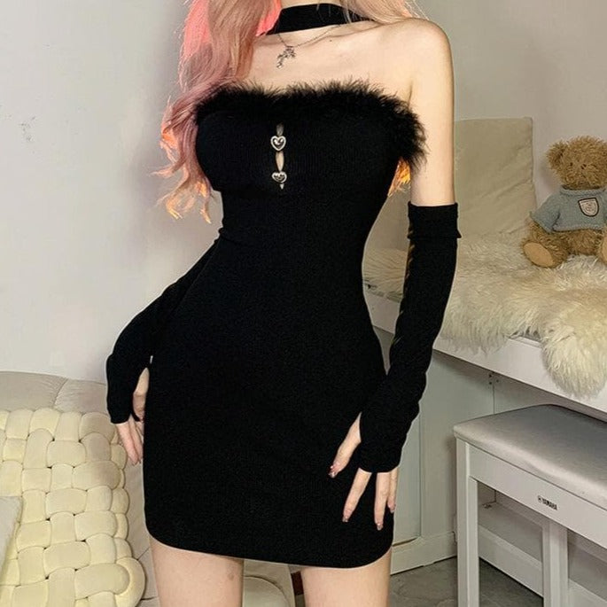 Strapless Faux Fur Trim Heart Hardware Keyhole Rib Knit Mini Dress