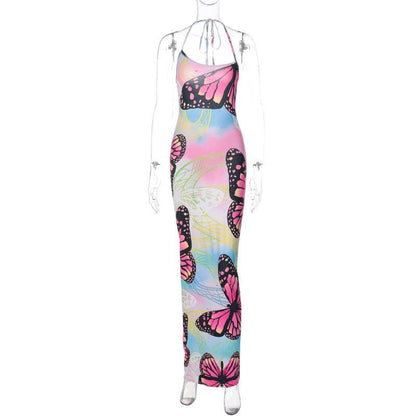 Butterfly Print Ruched Backless Halter Contrast Maxi Dress