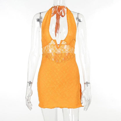 Halter Notch Neck Lace Side Slit Sheer Waist Bodycon Mini Dress