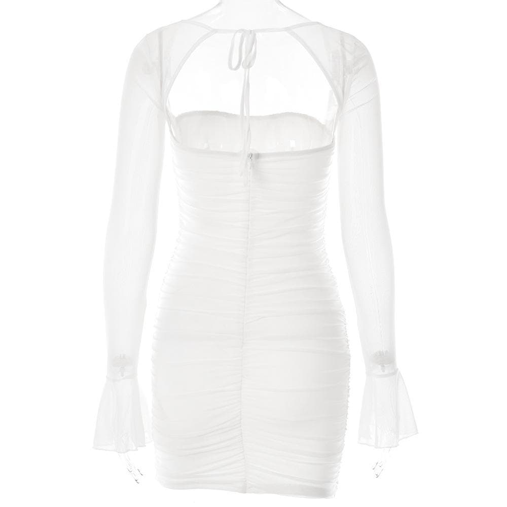Square Neck Sweetheart Bust Ruched Mesh Bell Sleeve Mini Dress