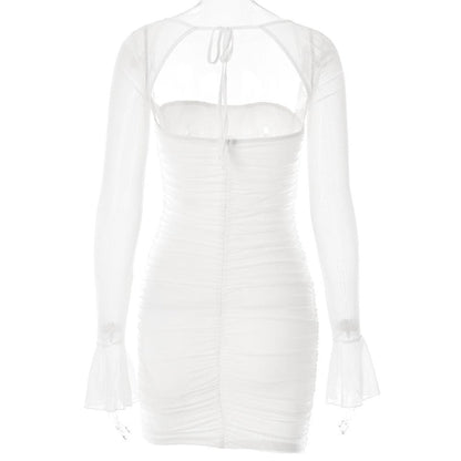 Square Neck Sweetheart Bust Ruched Mesh Bell Sleeve Mini Dress